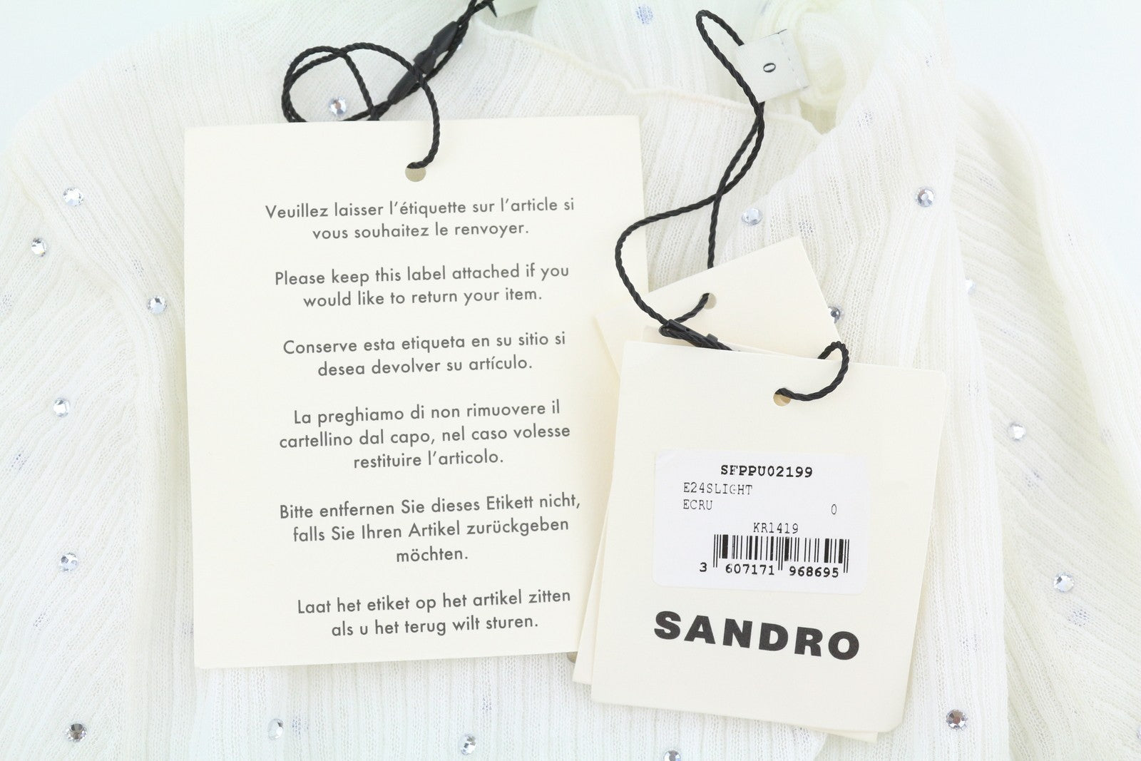 Sandro Dame Bluse 0white Sheer Transparent Rhinestones Langærmet