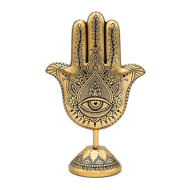 Deko-Hand der Fatima auf goldfarbenem Sockel – 14,3 x 7,7 x 23,2 cm