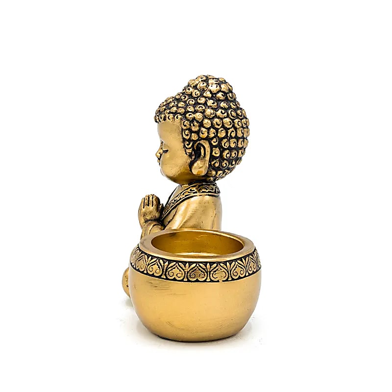 Sealbhóir Tealight ag Guí ag Búda ar Chlé Ór Daite - 13x6.3x11 Cm Set Of 2 PCs