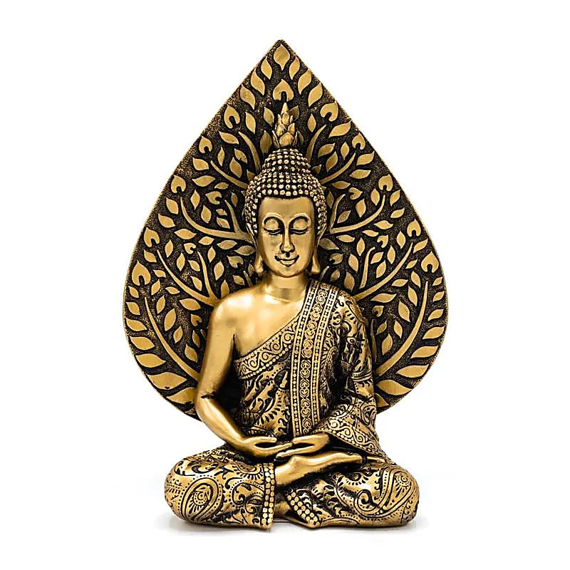 Meditation Buddha Statue With Bodhi Leaf Gold Coloured - 16.8x10.3x23.8 Cm