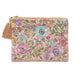 Zippered Velvet Pouch Beige With Flowers - 20x15 Cm