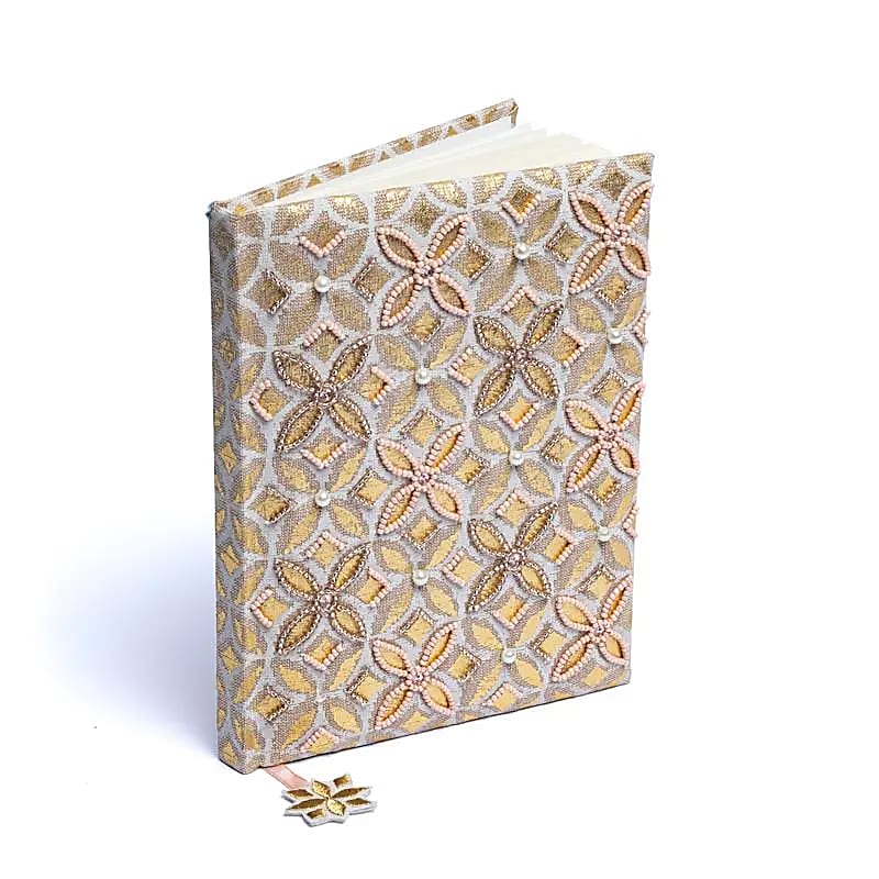 Carnet Velours Beige/doré Avec Fleur De Vie - 20x15 Cm