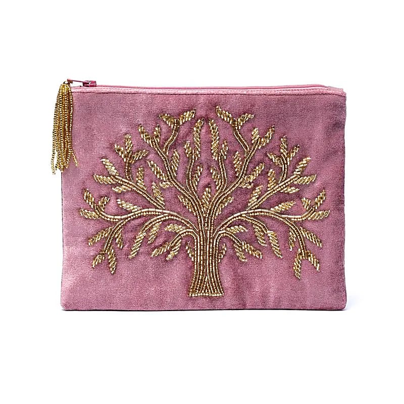 Sametový sáček na zip růžový se stromem života - 20x15 cm