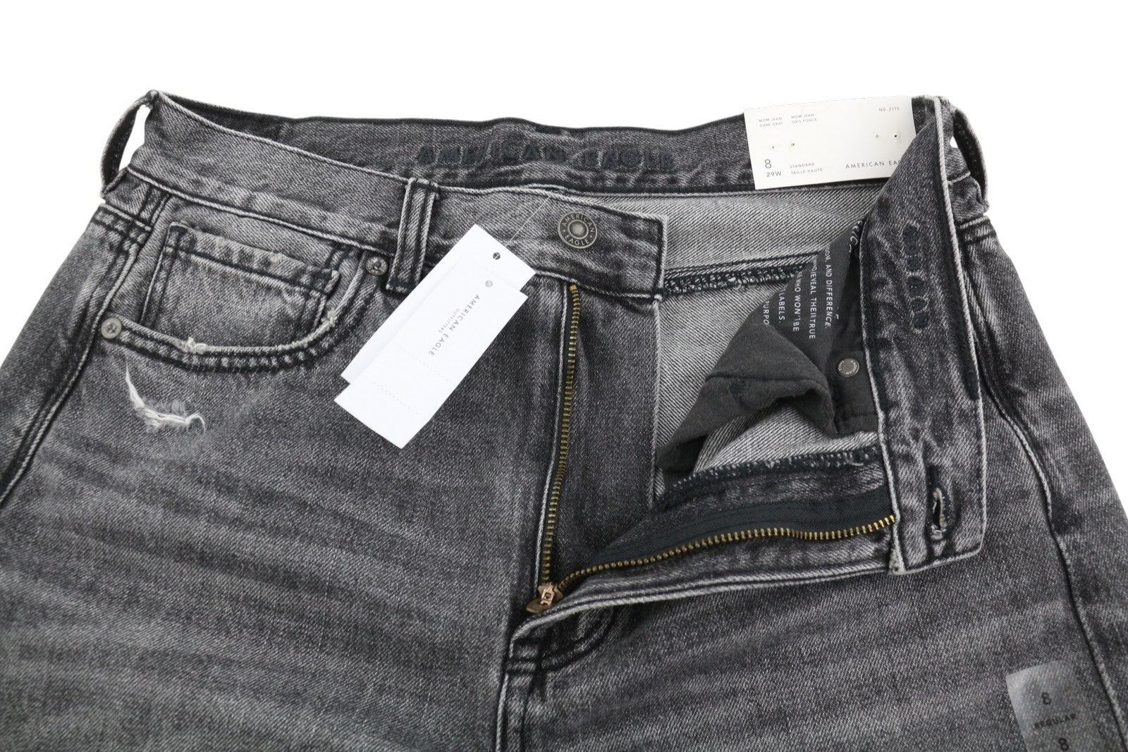 American Eagle Outfitters Mom Jeans pour femme gris foncé déchiré à la cheville