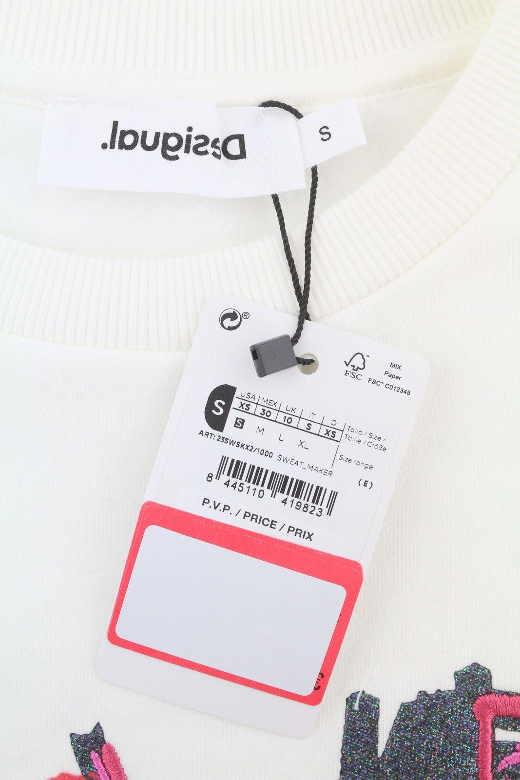 Desigual Maker Women Sweatshirtwhite Glitter Embroidered Crew Neck Pull On