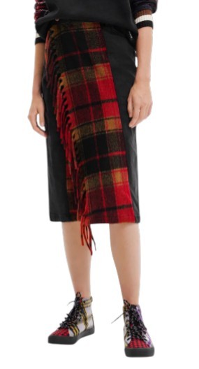 Desigual Fal Dora Women Skirtblack Denim Plaid Fringes Slim Knee-length
