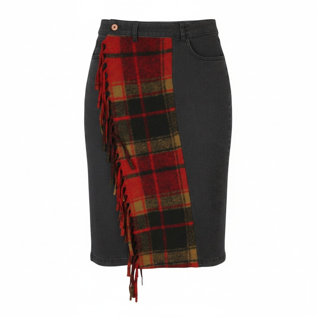 Desigual Fal Dora Women Skirtblack Denim Plaid Fringes Slim Knee-length