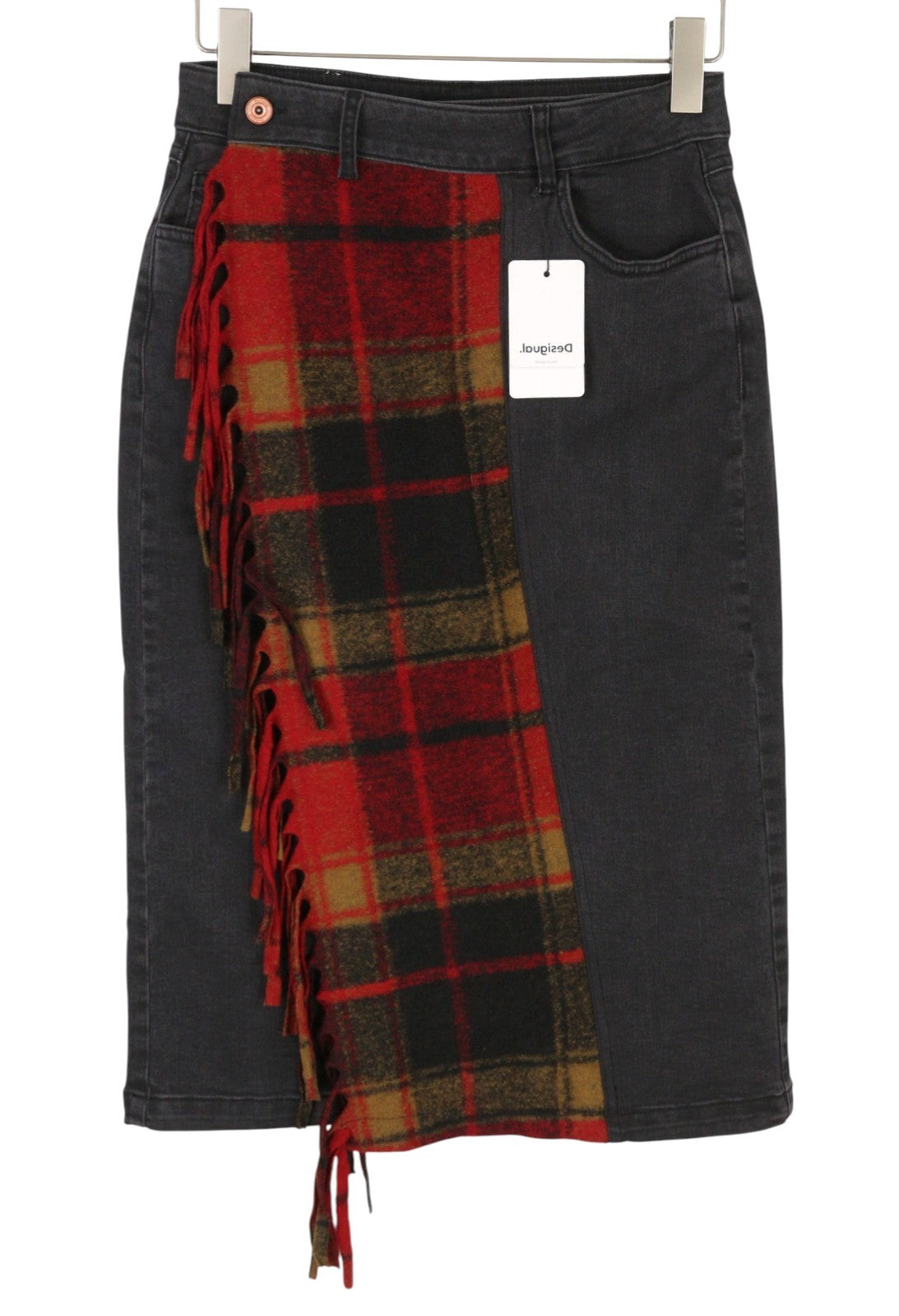 Desigual Fal Dora Women Skirtblack Denim Plaid Fringes Slim Knee-length
