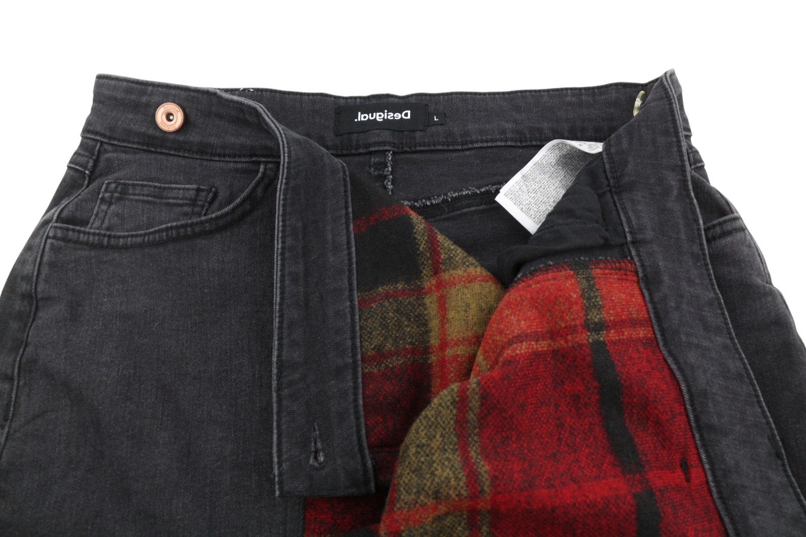 Desigual Fal Dora Women Skirtblack Denim Plaid Fringes Slim Knee-length