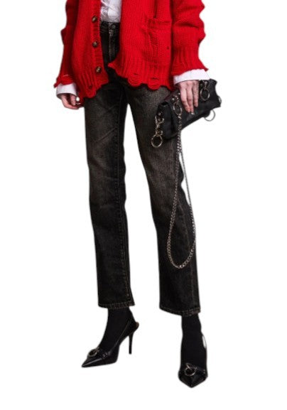 R13 Boy Straight Women Jeans 27 Abbey Black Whiskers Faded Distress Cropped Ps26