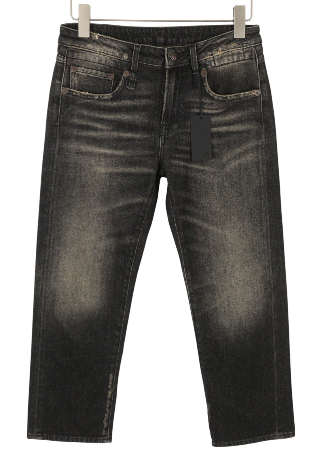R13 Boy Straight Women Jeans 27 Abbey Black Whiskers Faded Distress Cropped Ps26
