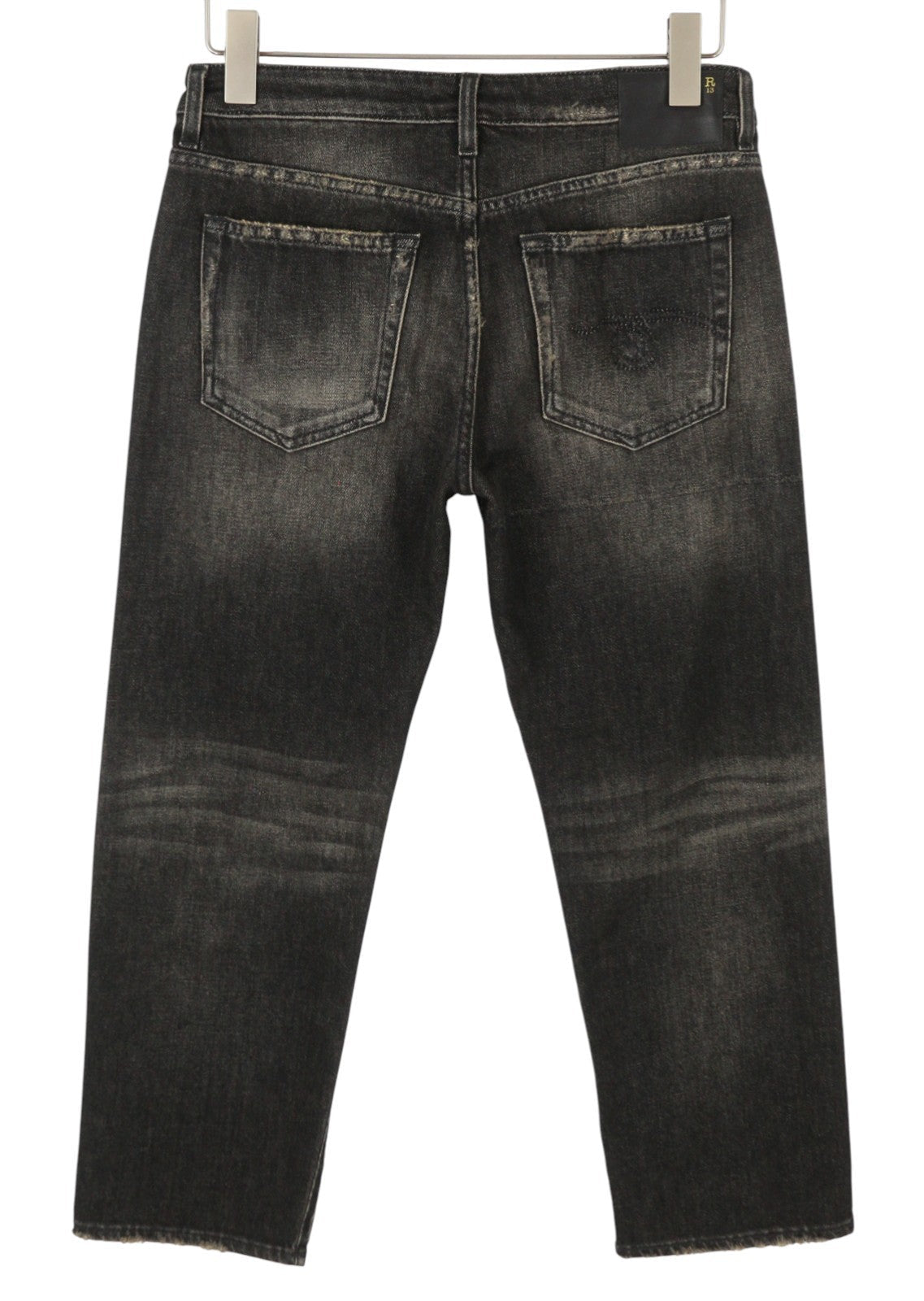 R13 Boy Straight Women Jeans 27 Abbey Black Whiskers Faded Distress Cropped Ps26