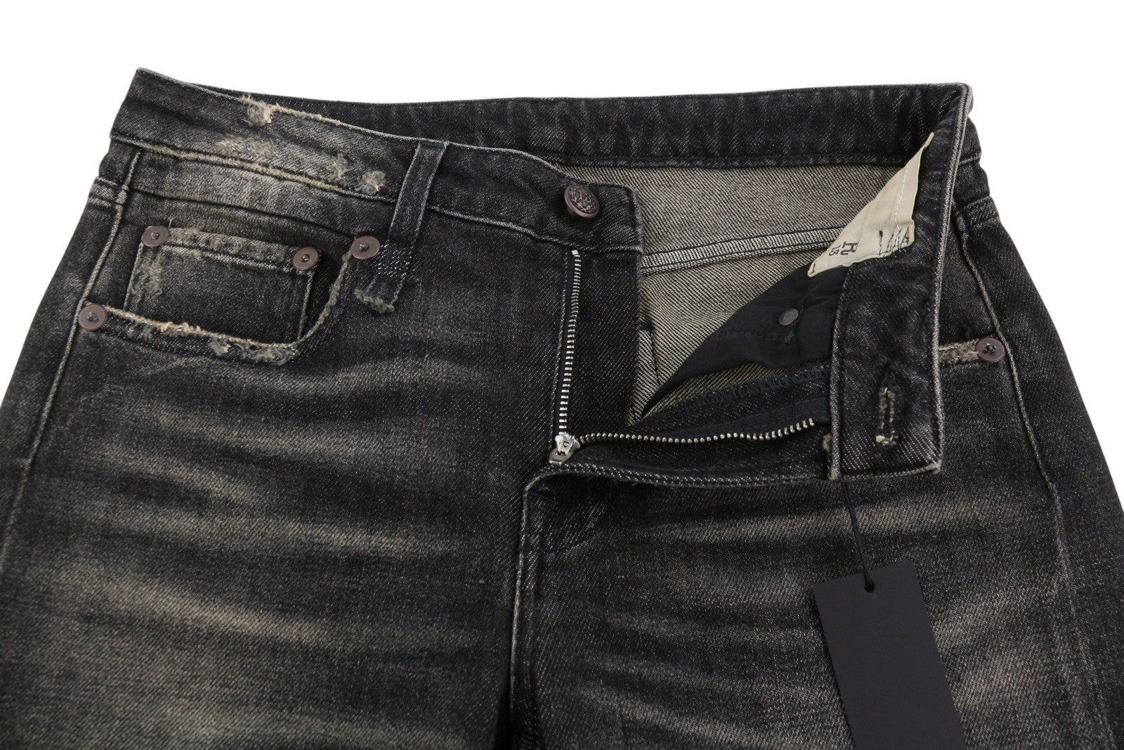 R13 Boy Straight Women Jeans 27 Abbey Black Whiskers Faded Distress Cropped Ps26