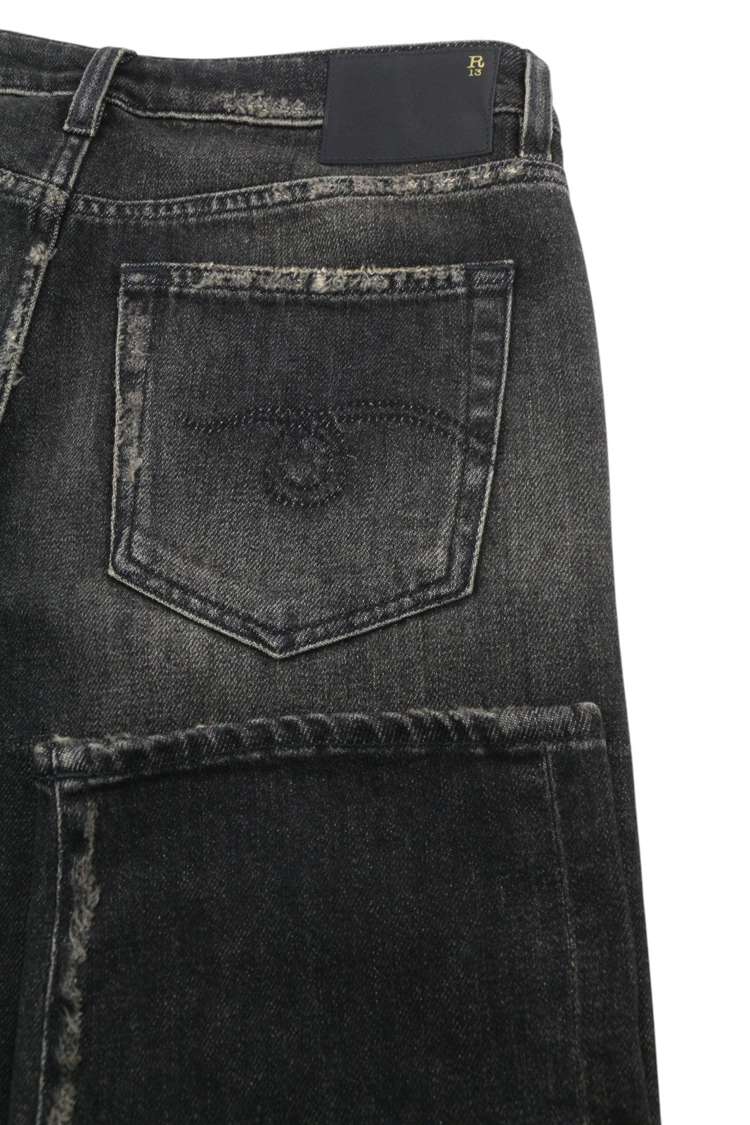 R13 Boy Straight Women Jeans 27 Abbey Black Whiskers Faded Distress Cropped Ps26