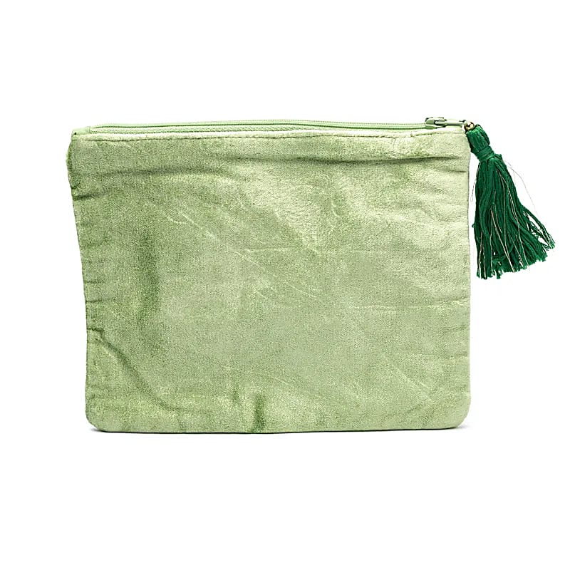 Bustina In Velluto Con Zip Verde Con Quadrifoglio - 20x15 Cm