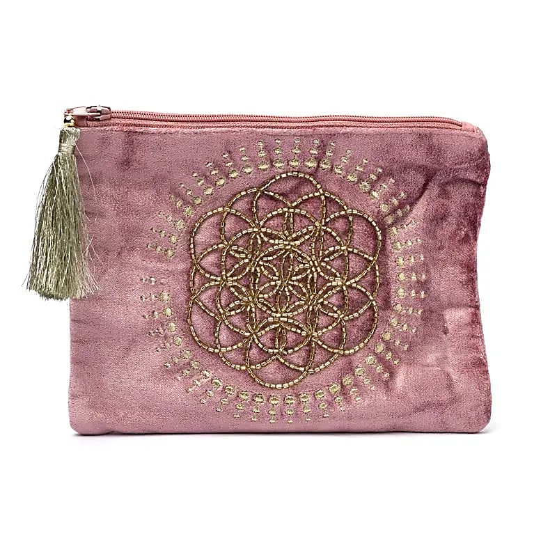 Pochette In Velluto Con Cerniera Rosa Antico Con Fiore Della Vita - 20x15 Cm