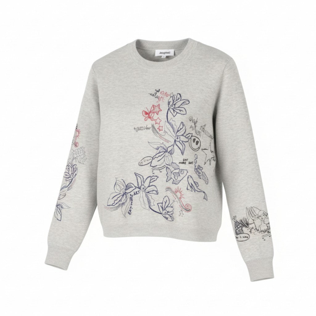 Desigual Jers Laia Women Jumpermelange Grey Embroidered Knit Pull On