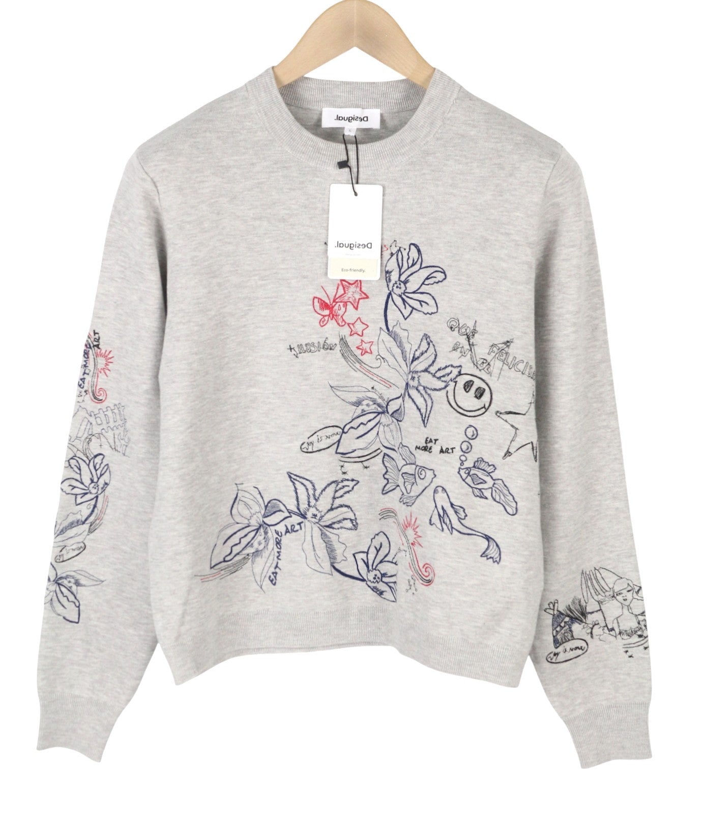 Desigual Jers Laia Women Jumpermelange Grey Embroidered Knit Pull On