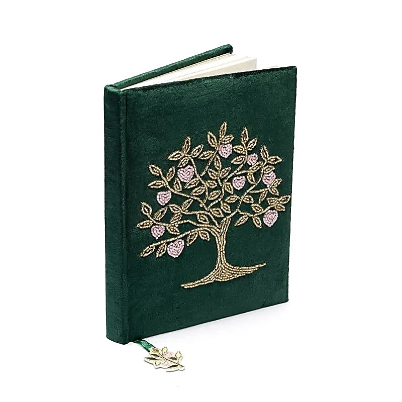 Notebook Velvet Green With Tree Of Life And Hearts - 20x15 Cm