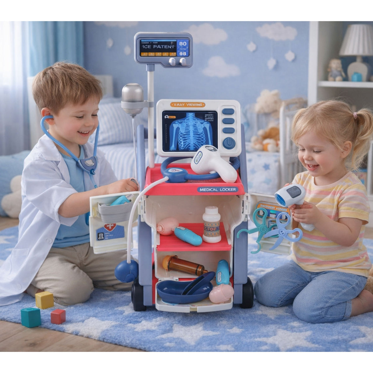 Little Doctor's Set Medical Cart X-ray Ecg Lights Pink 16 Pcs.