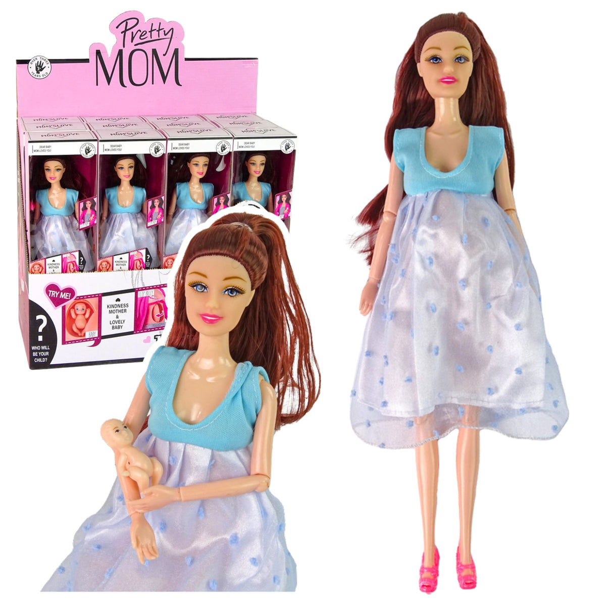 Pregnant Mom Baby Doll Opening Belly Blue Dress 30 Cm