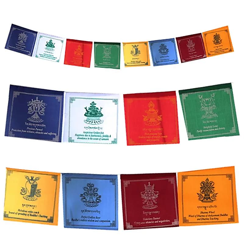 Drapeau de prière tibétain avec huit signes de bon augure – lot de 2 pièces – 25 x 21 x 205 cm.