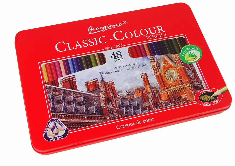 Set Of 48 Art Crayons Metal Container