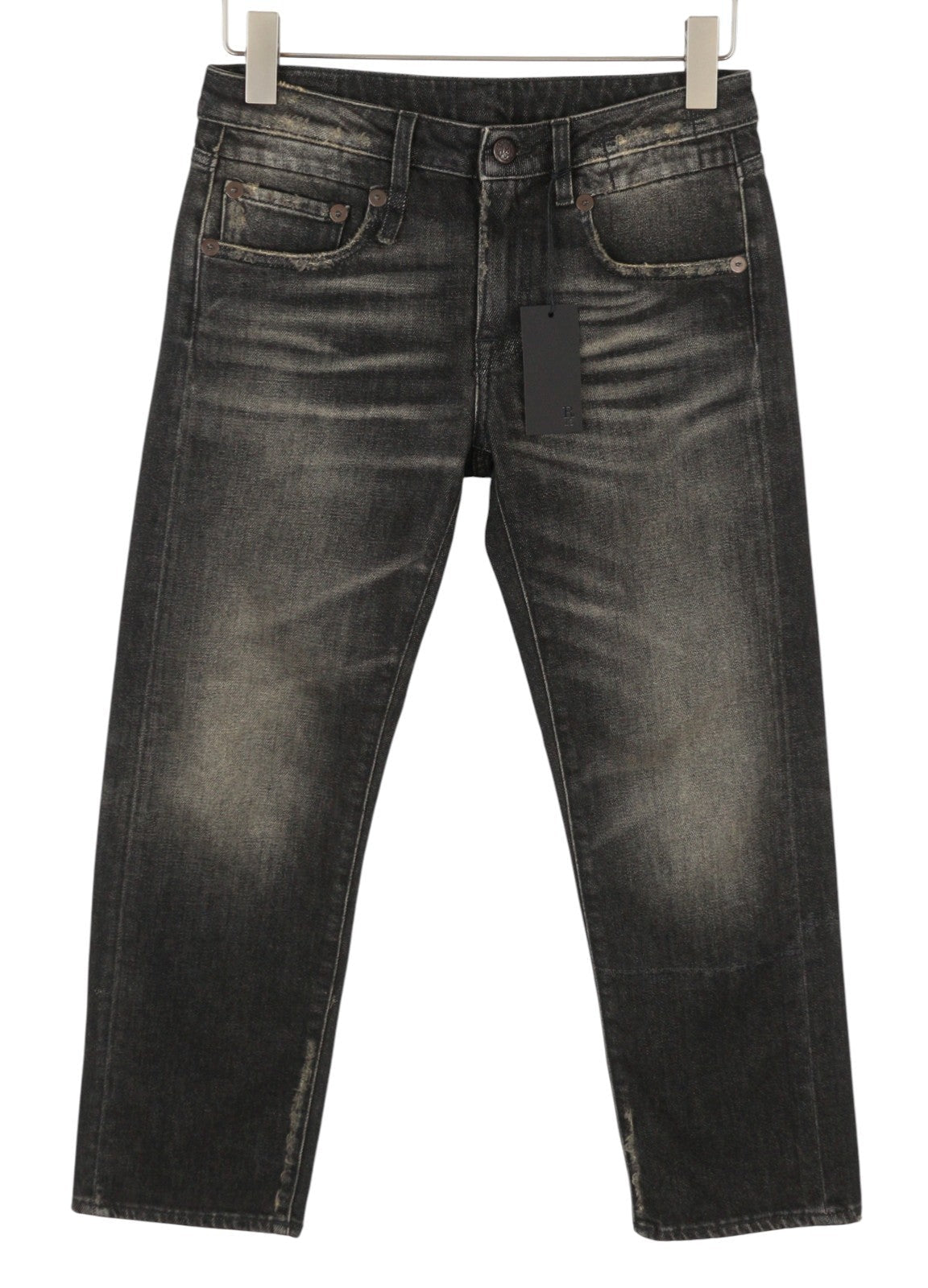 R13 Boy Straight Women Jeans 26 Abbey Black Whiskers Faded Distress Cropped Ps26