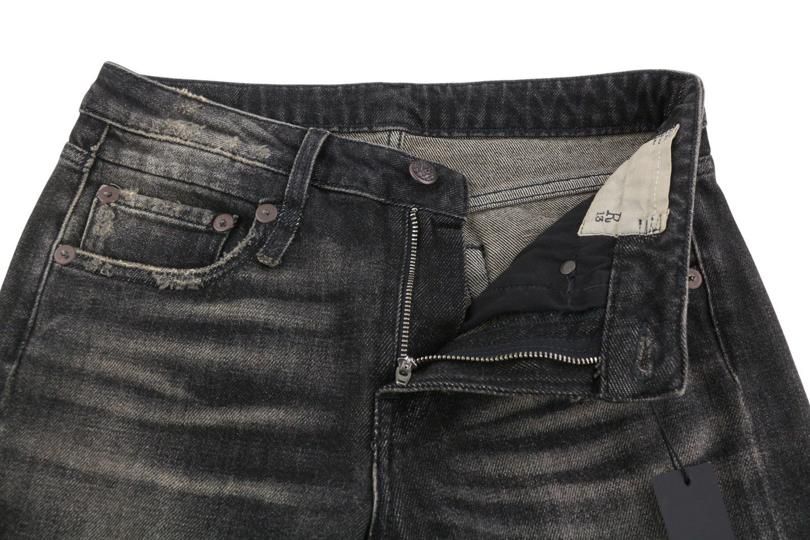 R13 Boy Straight Women Jeans 26 Abbey Black Whiskers Faded Distress Cropped Ps26