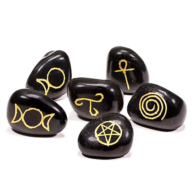 Wiccan Pagan Symbol Stones Černý achát Sada 6 - 3,3x2,3 cm
