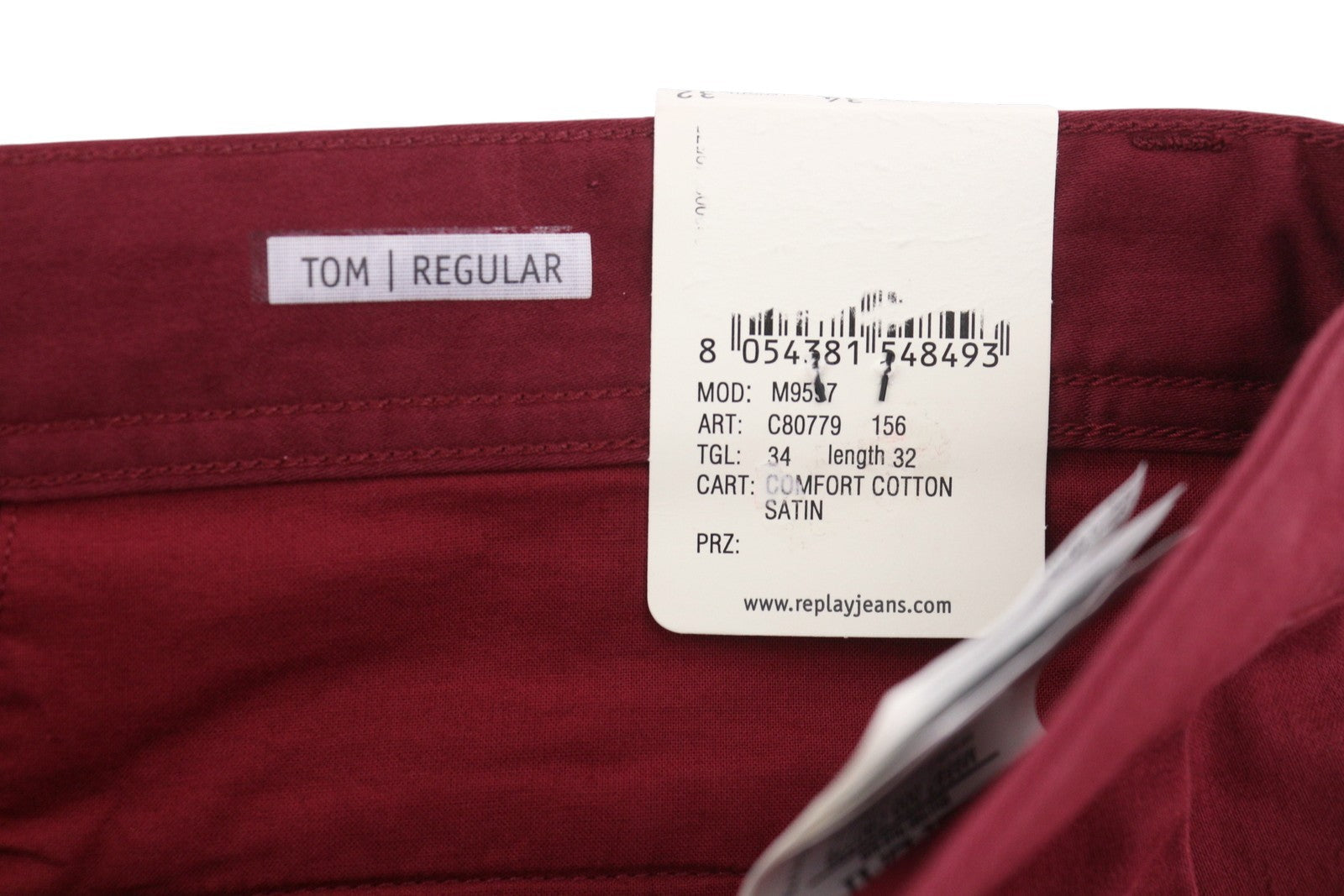 Replay Tom M9597 Men Trousersdark Red Regular Fit Zip Fly Chino