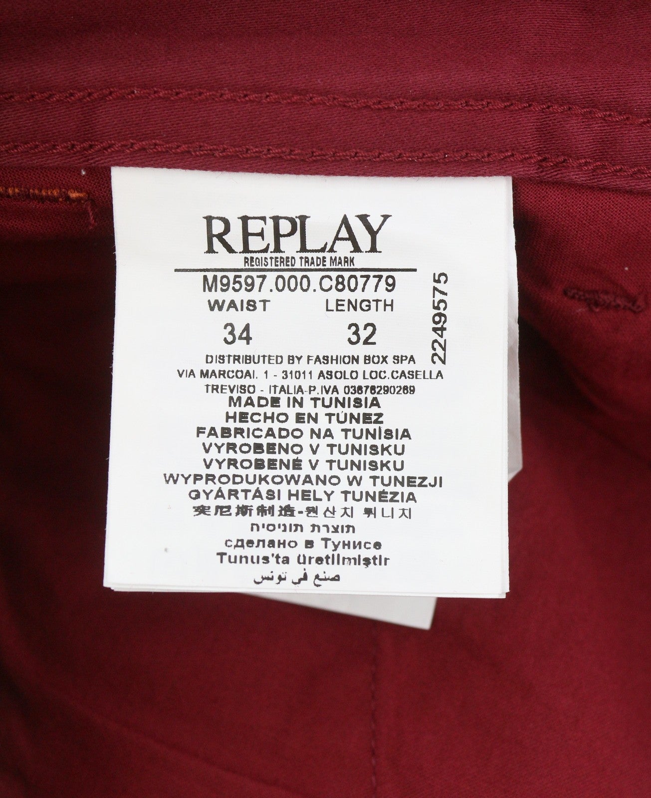 Replay Tom M9597 Men Trousersdark Red Regular Fit Zip Fly Chino