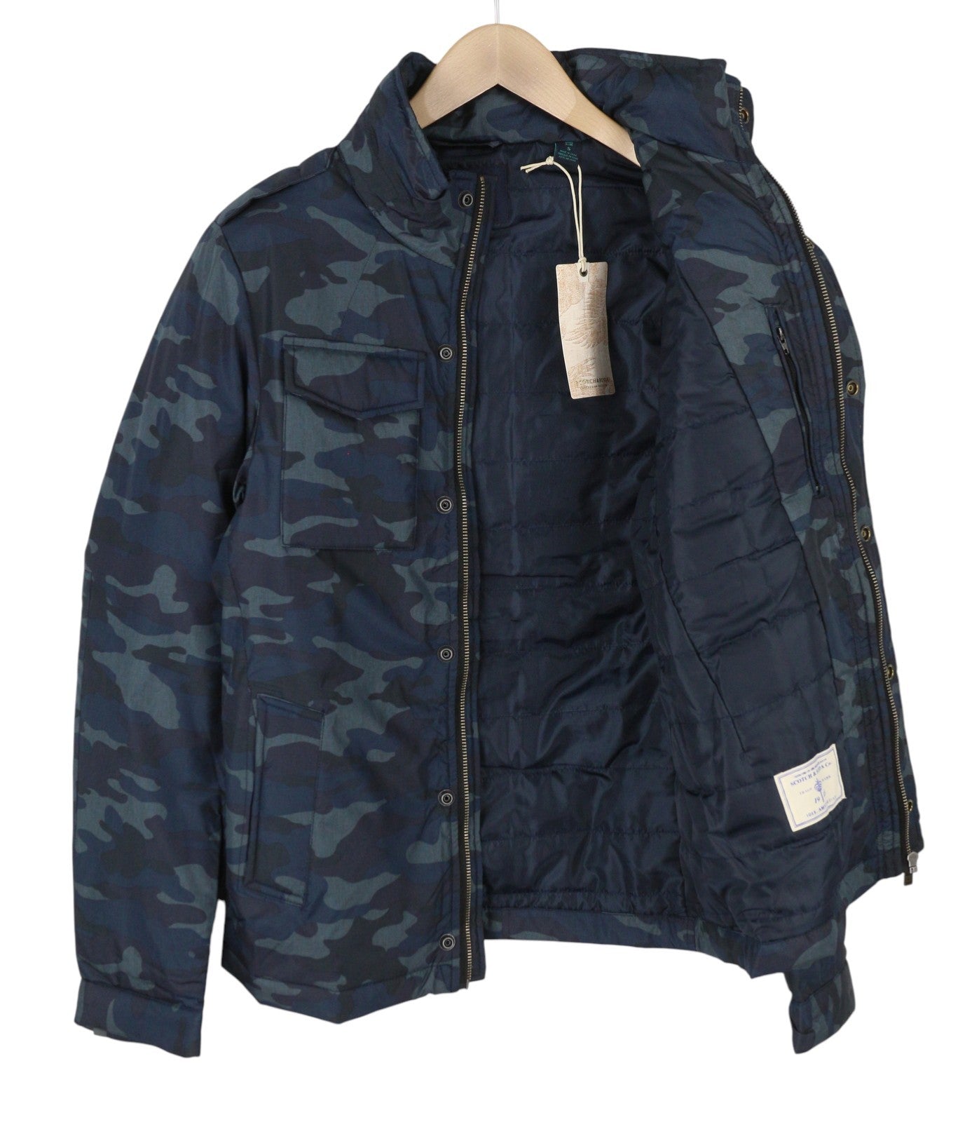 Giacca da uomo Scotch & Soda blu mimetico cappuccio nascosto imbottito zip intera