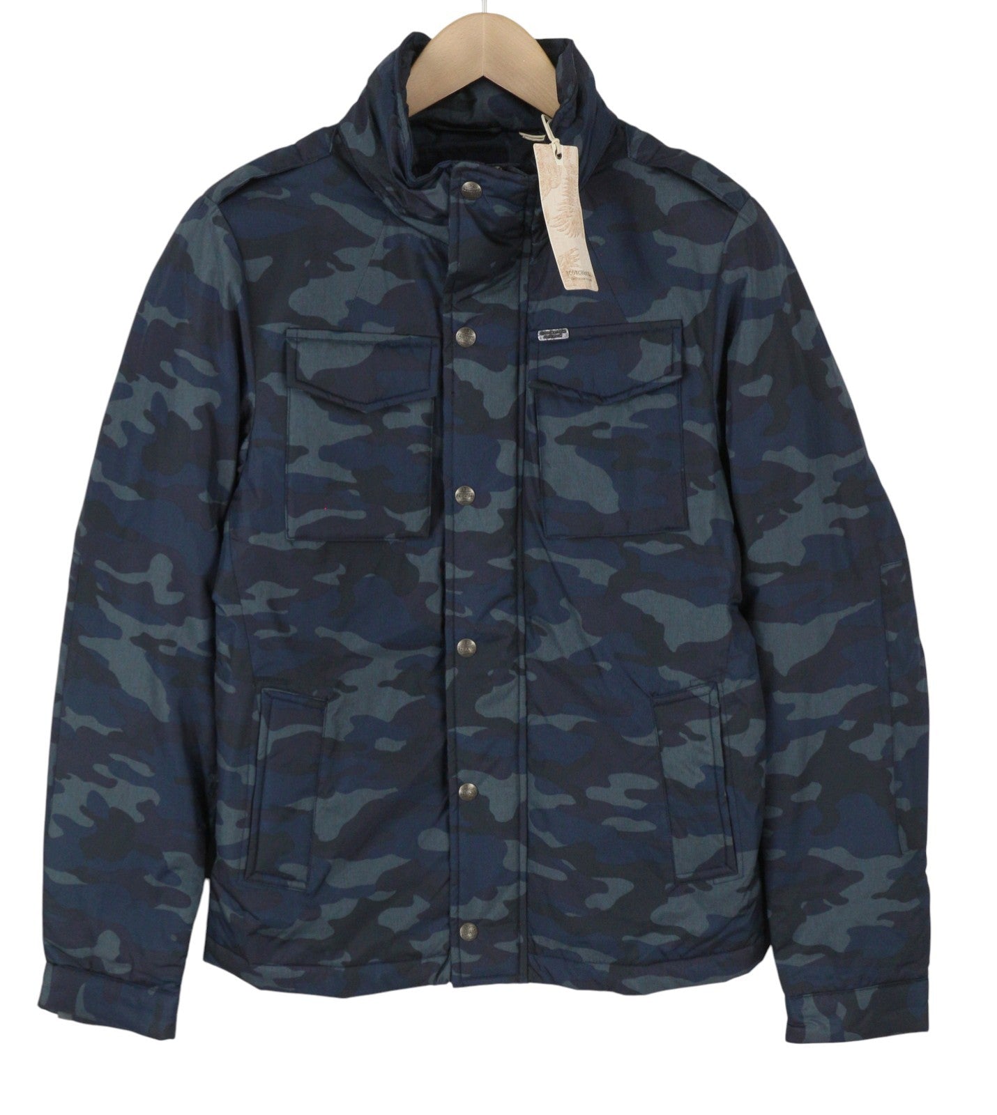 Giacca da uomo Scotch & Soda blu mimetico cappuccio nascosto imbottito zip intera