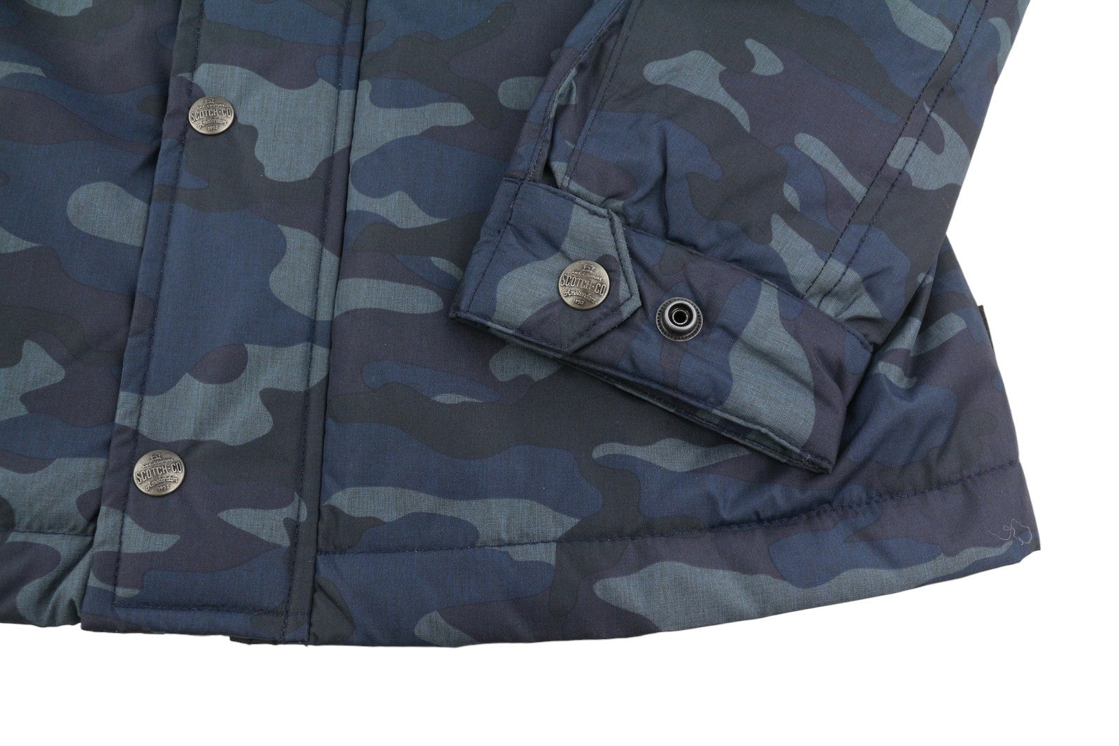Giacca da uomo Scotch & Soda blu mimetico cappuccio nascosto imbottito zip intera