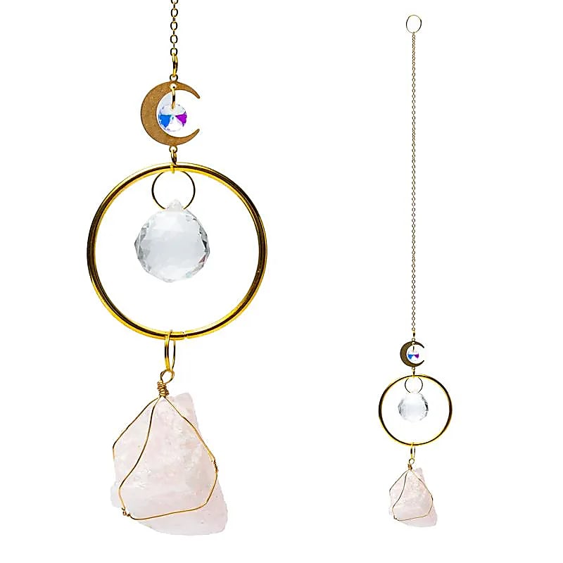 Suncatcher Med Måne Og Rosenkvarts --sæt A 2 Stk - 35-40cm