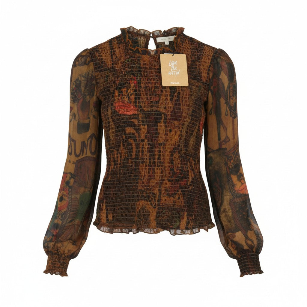 Desigual Blus Hisopo Women Blůza hnědý voštinový potištěný nařasený límec