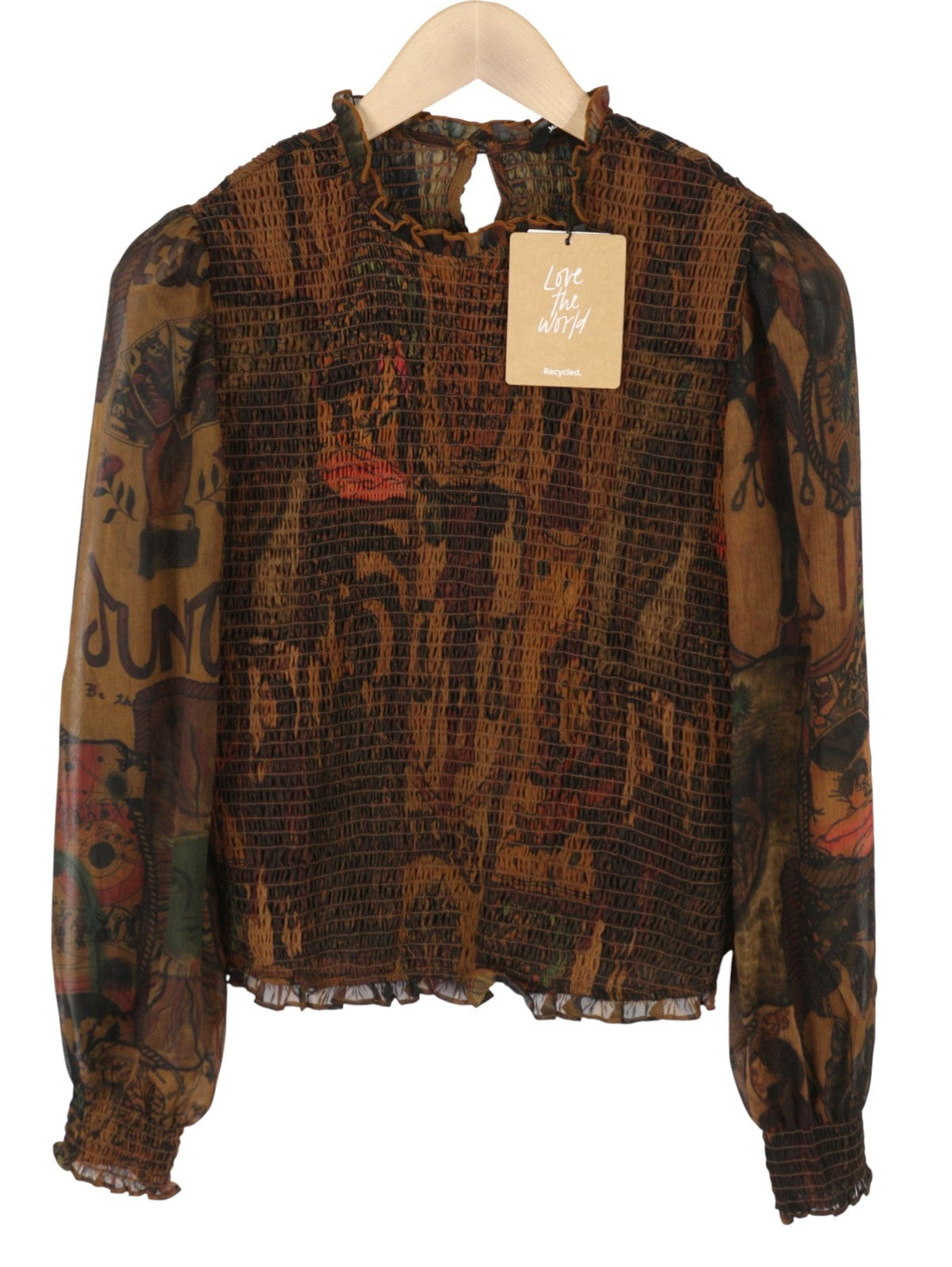 Desigual Blus Hisopo Women Blousebrown Honeycomb Printed Ruffled Collar