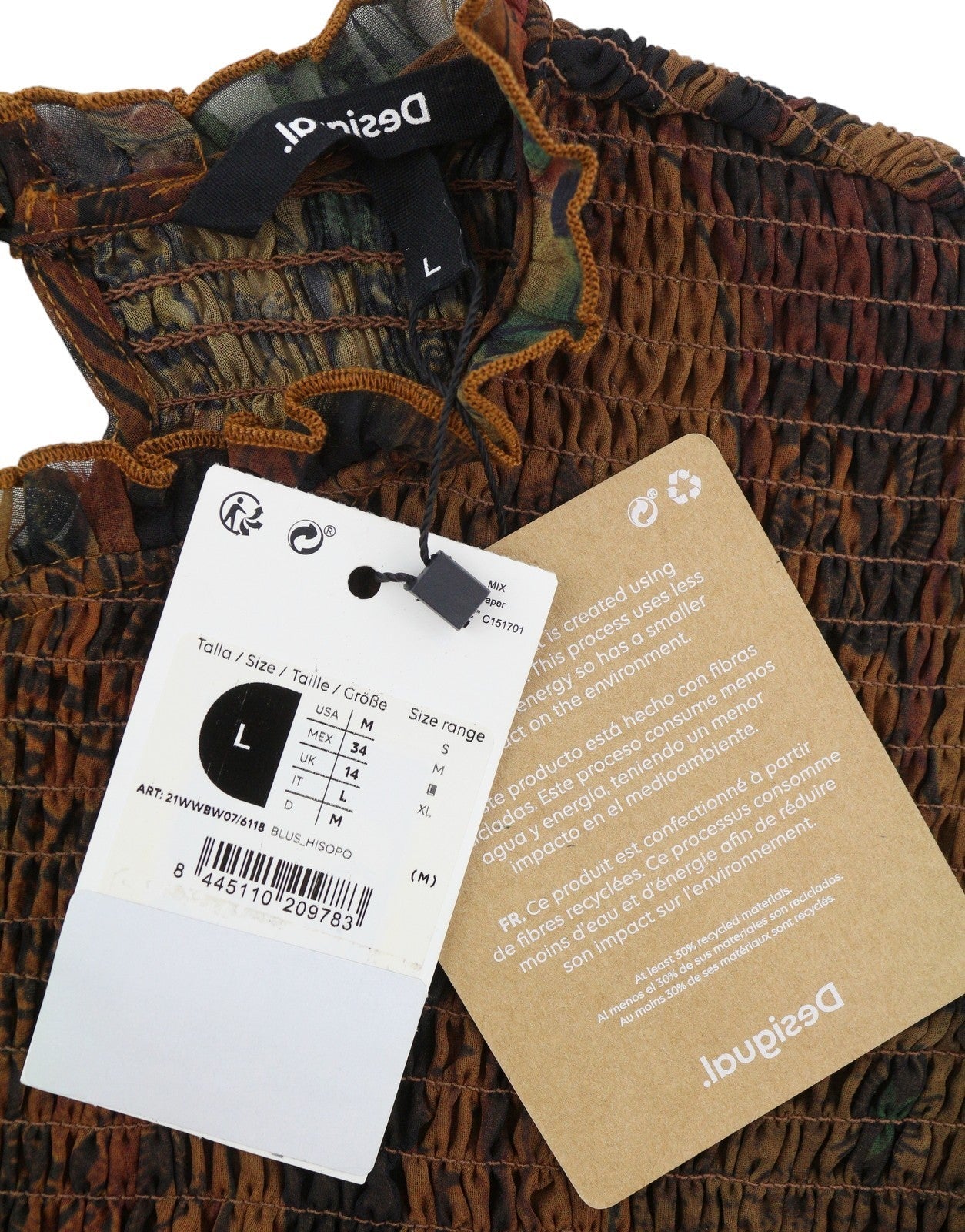 Desigual Blus Hisopo Women Blousebrown Honeycomb Printed Ruffled Collar