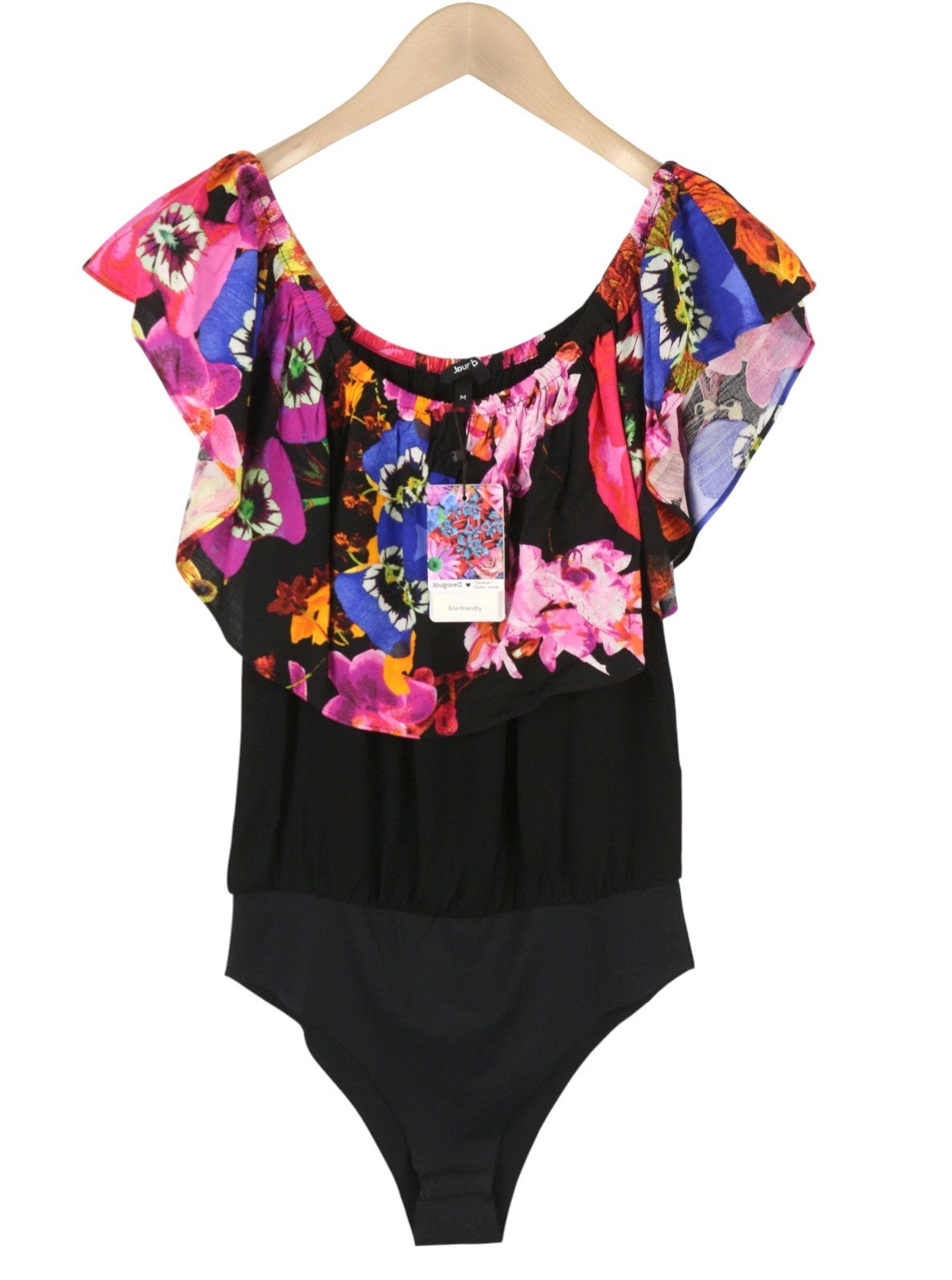 Desigual Body Flower Damesbodysuit Zwart Slim Fit Off-shoulder ruches