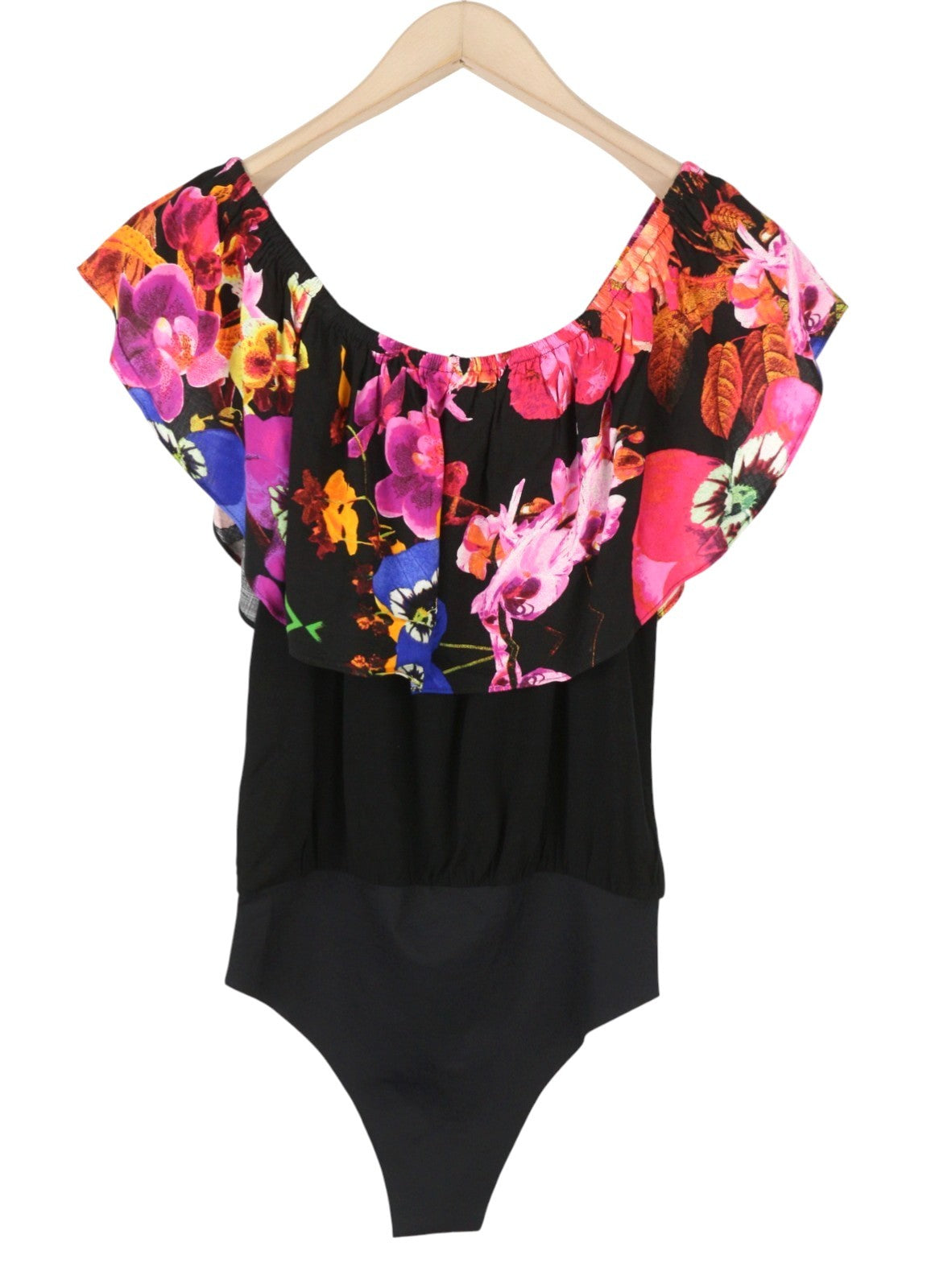 Desigual Body Flower Damesbodysuit Zwart Slim Fit Off-shoulder ruches