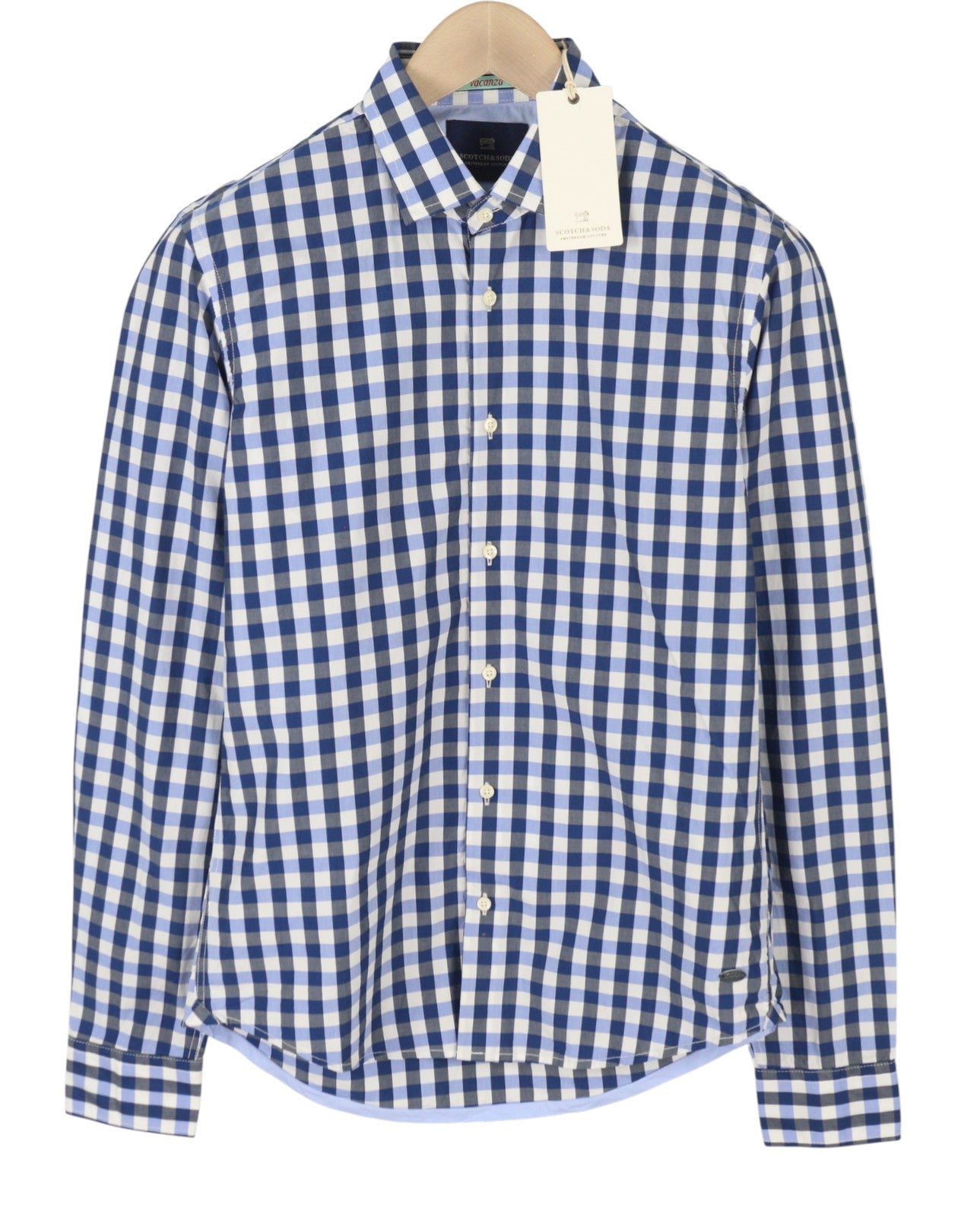 Camicia da uomo Scotch & Soda blu a quadri con collo alla francese e abbottonatura a maniche lunghe