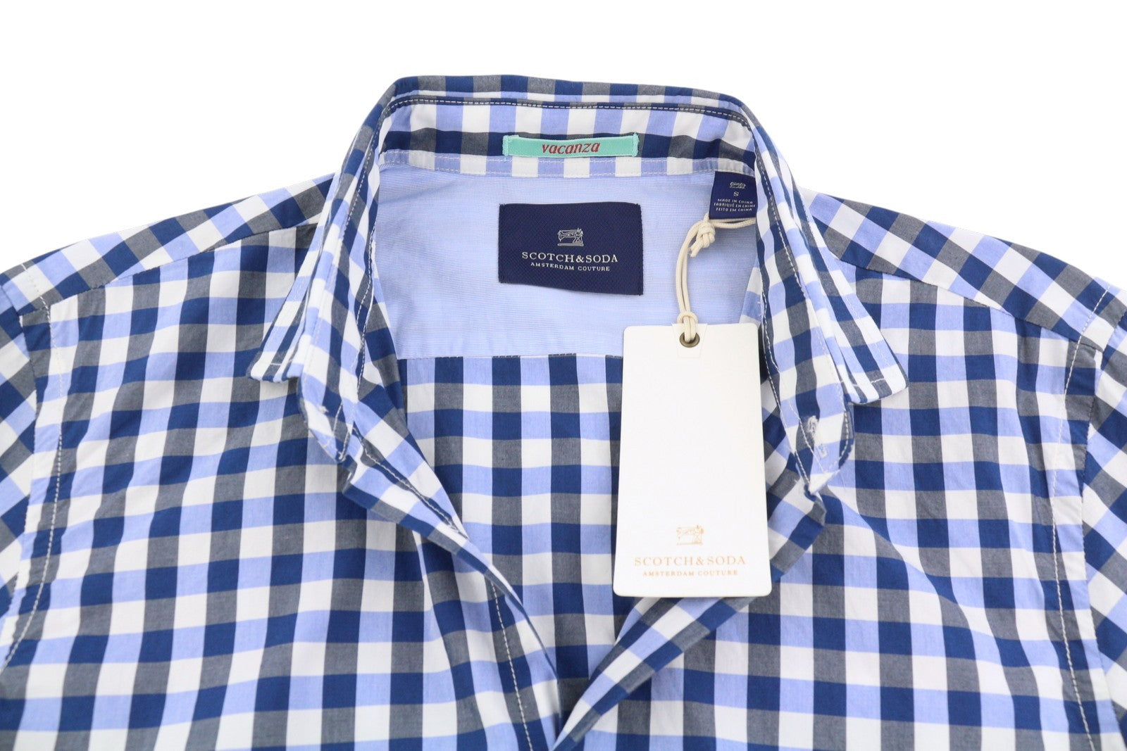 Camicia da uomo Scotch & Soda blu a quadri con collo alla francese e abbottonatura a maniche lunghe