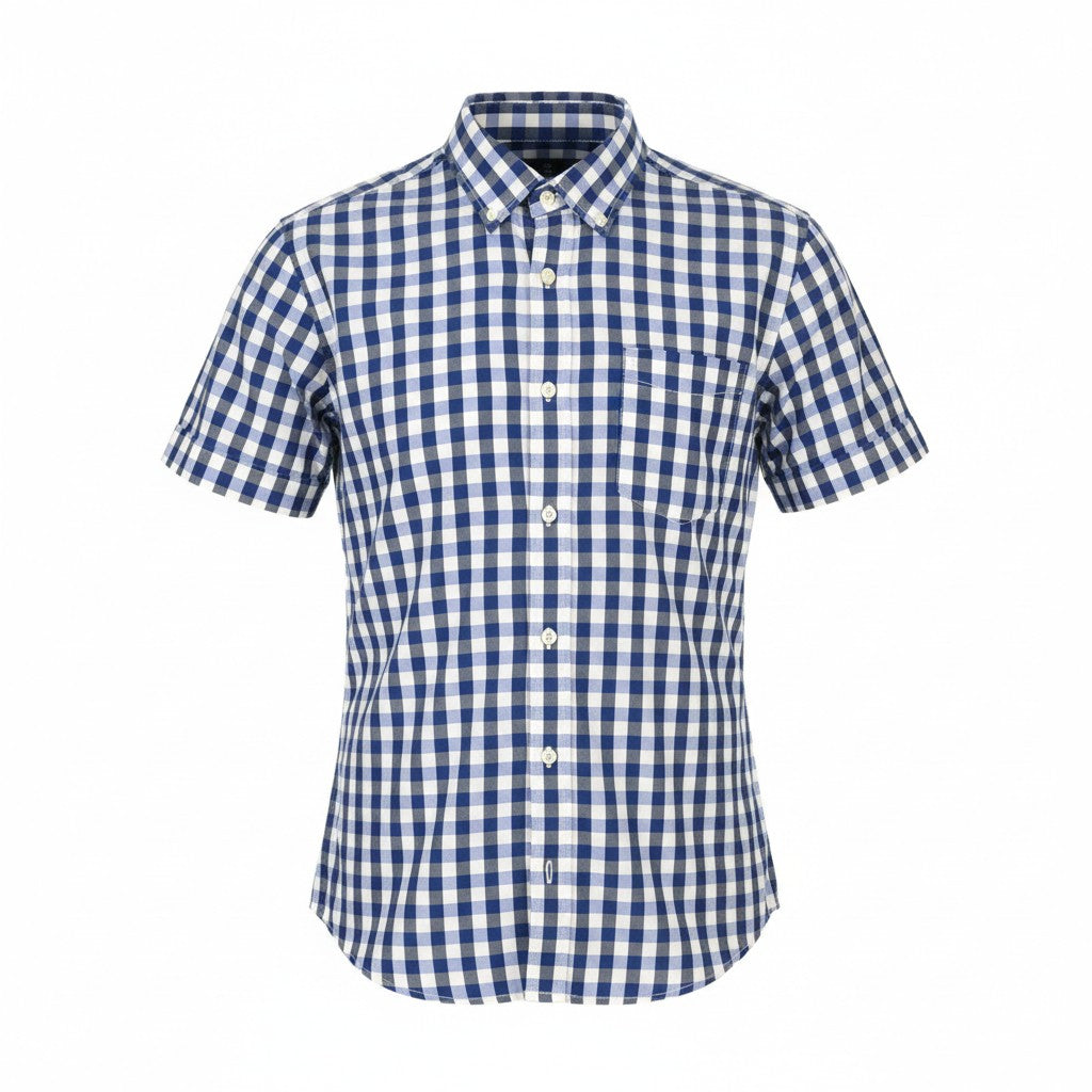 Camicia da uomo Scotch & Soda blu a quadri con collo alla francese e abbottonatura manica corta