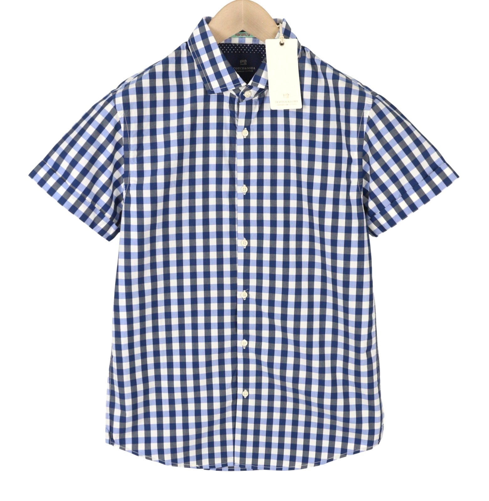 Camicia da uomo Scotch & Soda blu a quadri con collo alla francese e abbottonatura manica corta