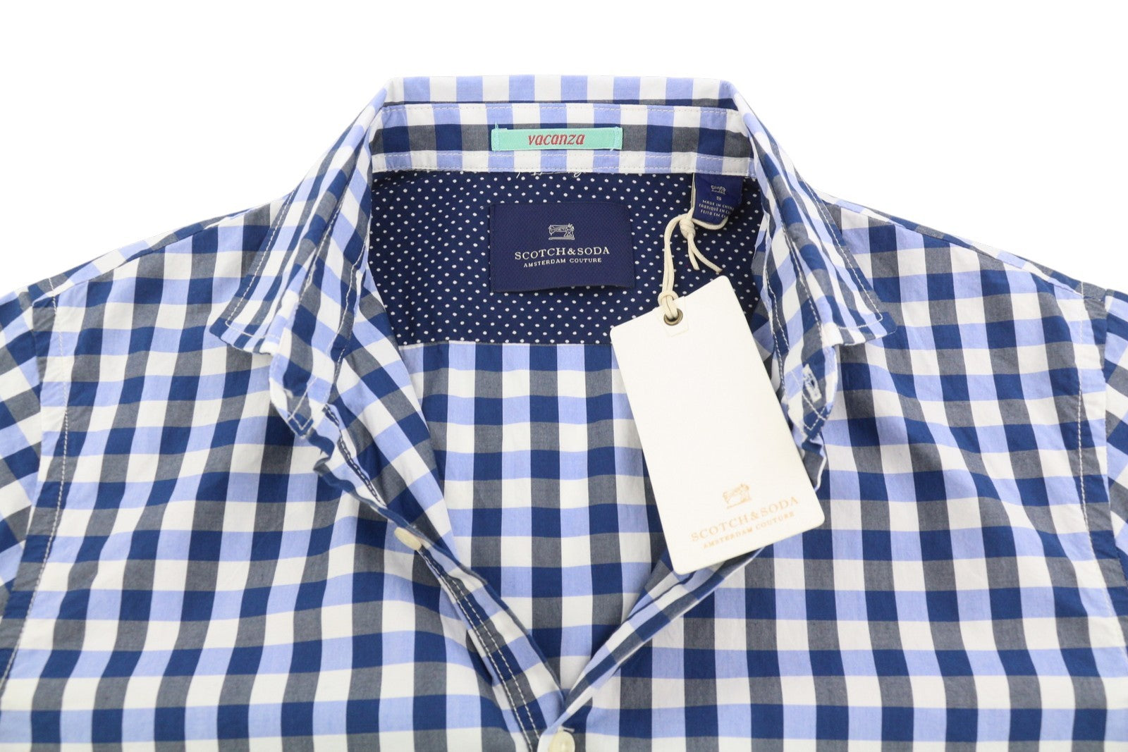 Camicia da uomo Scotch & Soda blu a quadri con collo alla francese e abbottonatura manica corta