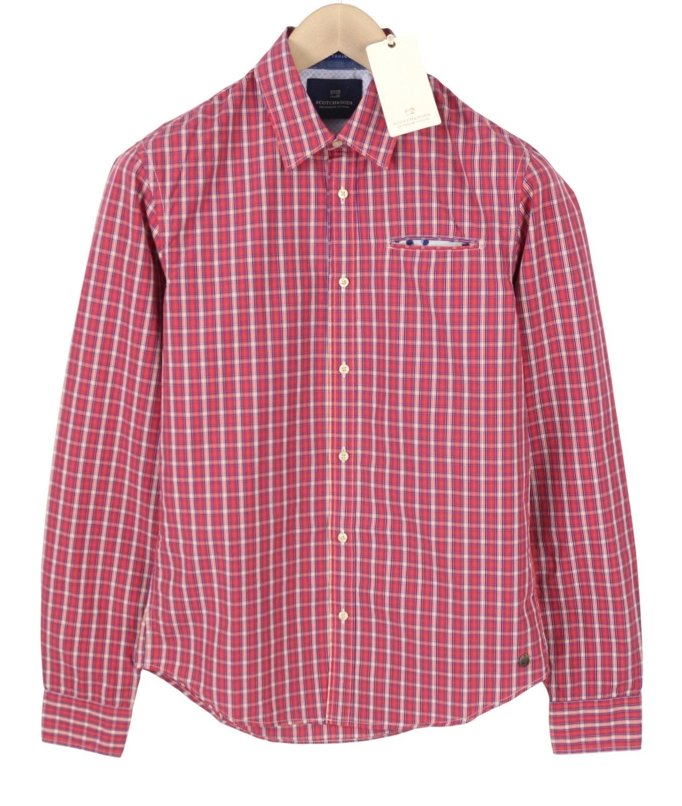 Scotch & Soda Camicia da uomo rossa con stampa scozzese abbottonata e collo aperto casual