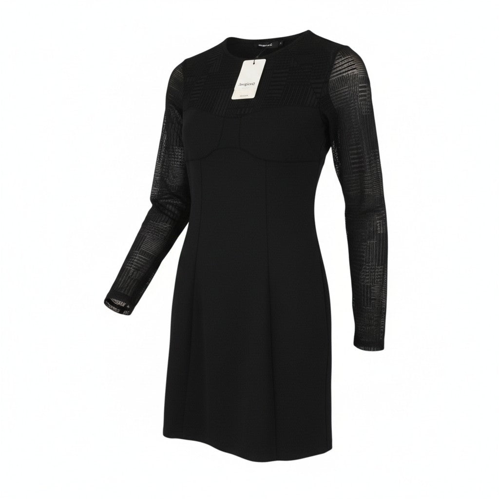 Desigual Night Women Dressblack Textured Průsvitné Dlouhé Rukávy Mini