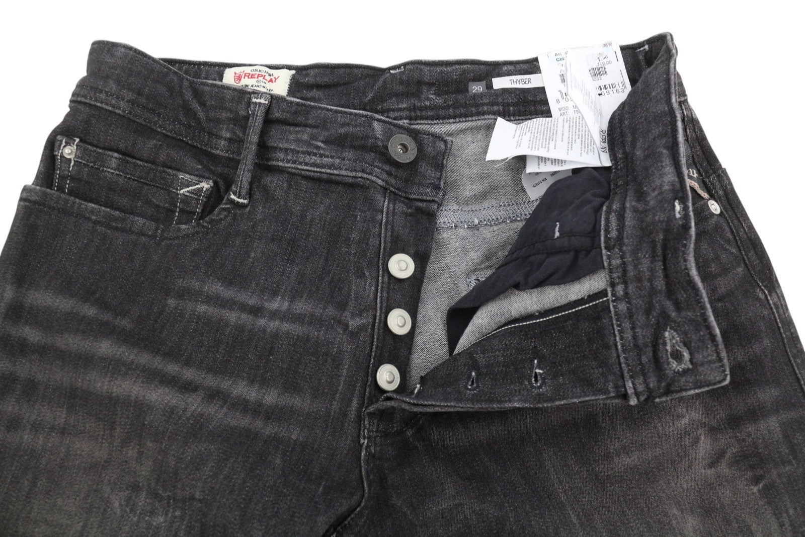 Replay Thyber Men Jeansblack Whiskers Faded Stretch Slim Fit Denim