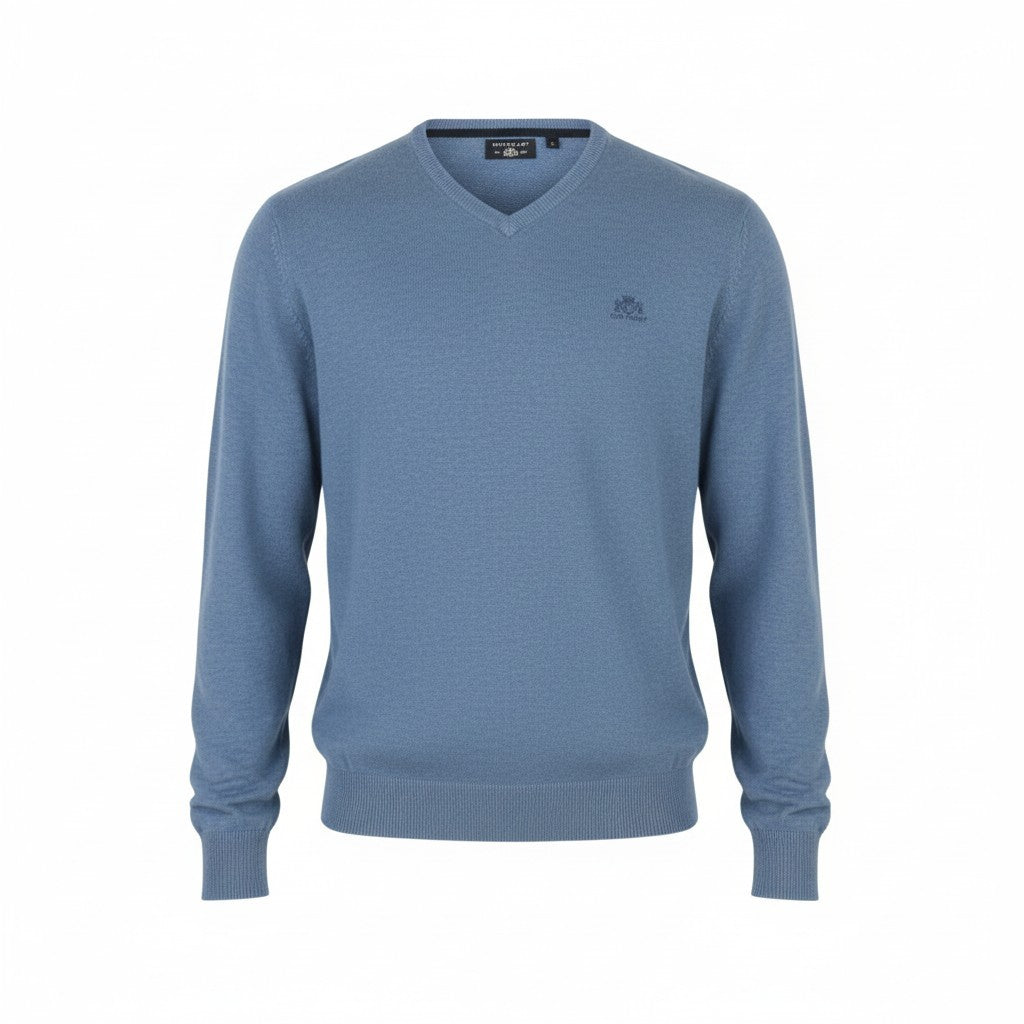 Maglione da uomo State Of Art blu melange in maglia di cotone con scollo a V